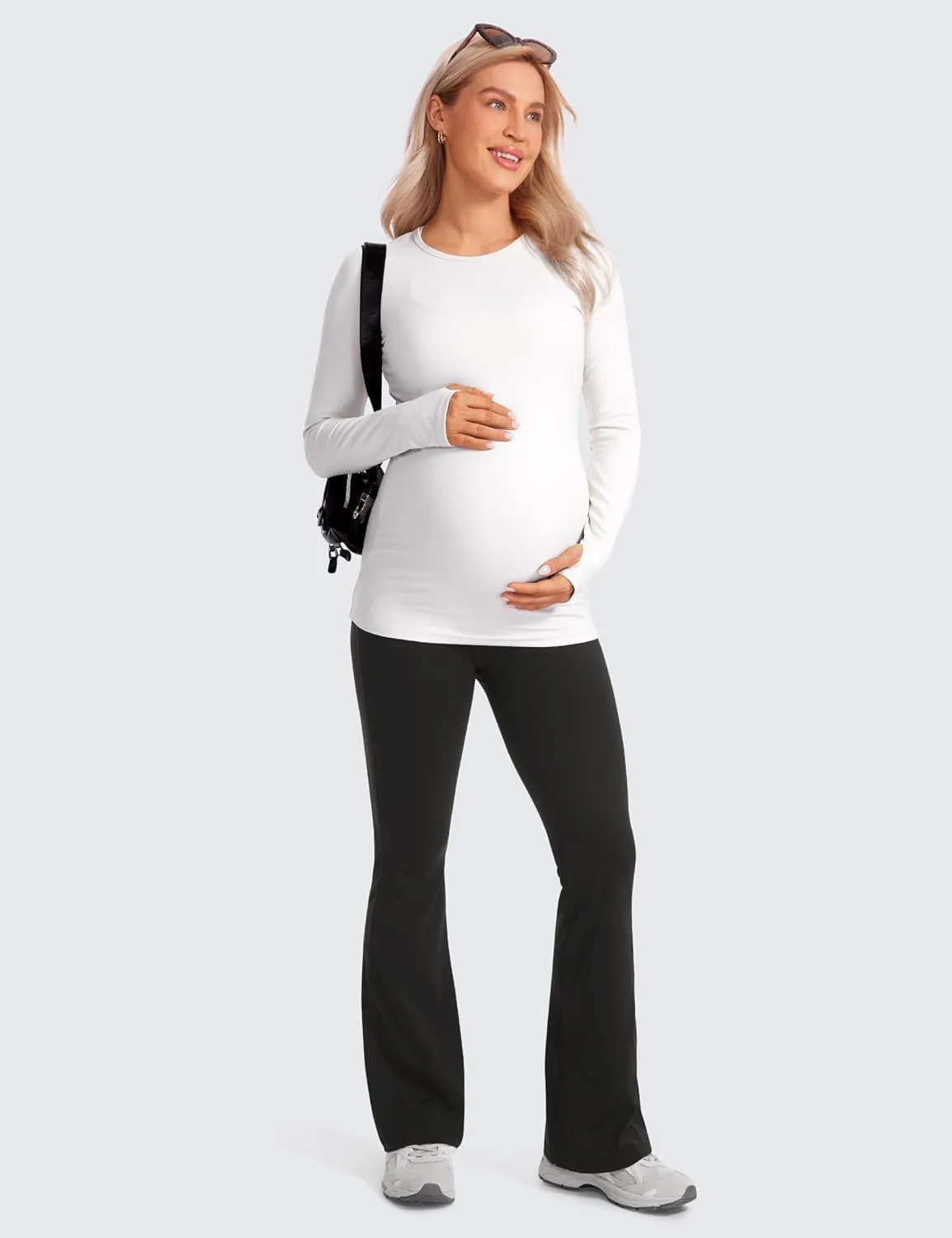 CRZ YOGA Women Butterluxe Maternity Flare Leggings with Pockets 31" - Workout Active Yoga Pregnancy Pants Over The Belly Soft