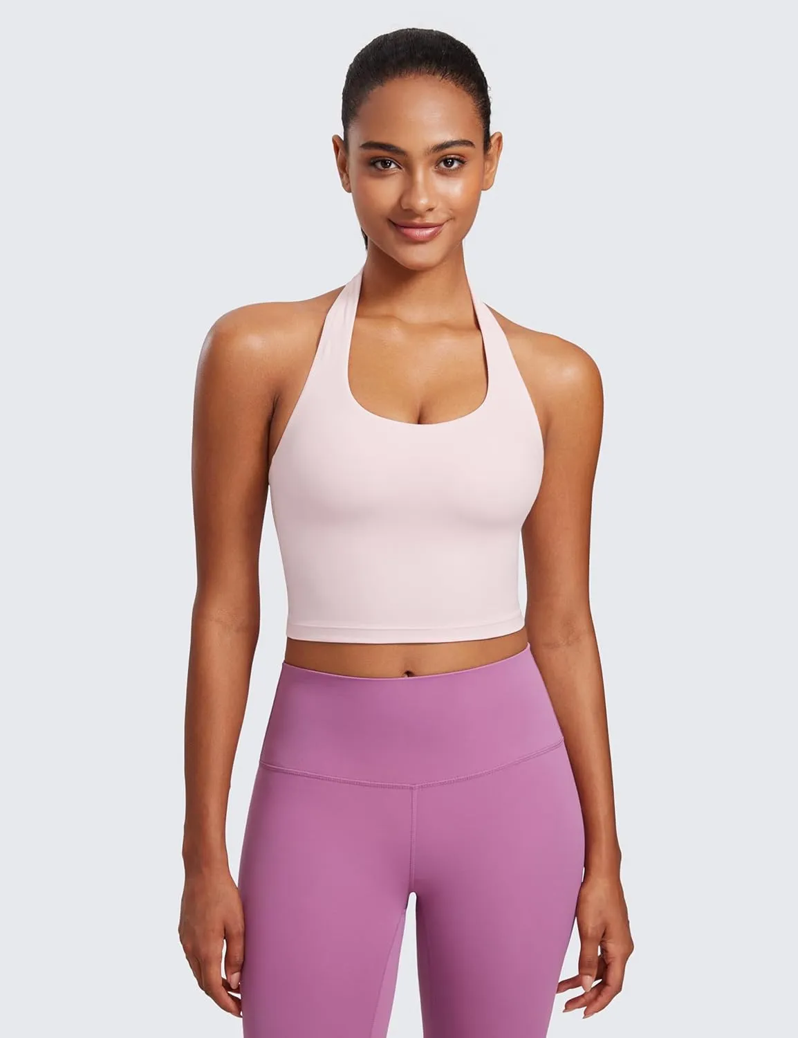 CRZ YOGA Womens Butterluxe Halter Longline Sports Bra - Padded Workout Yoga Crop Tops Tanks with Built in Pads