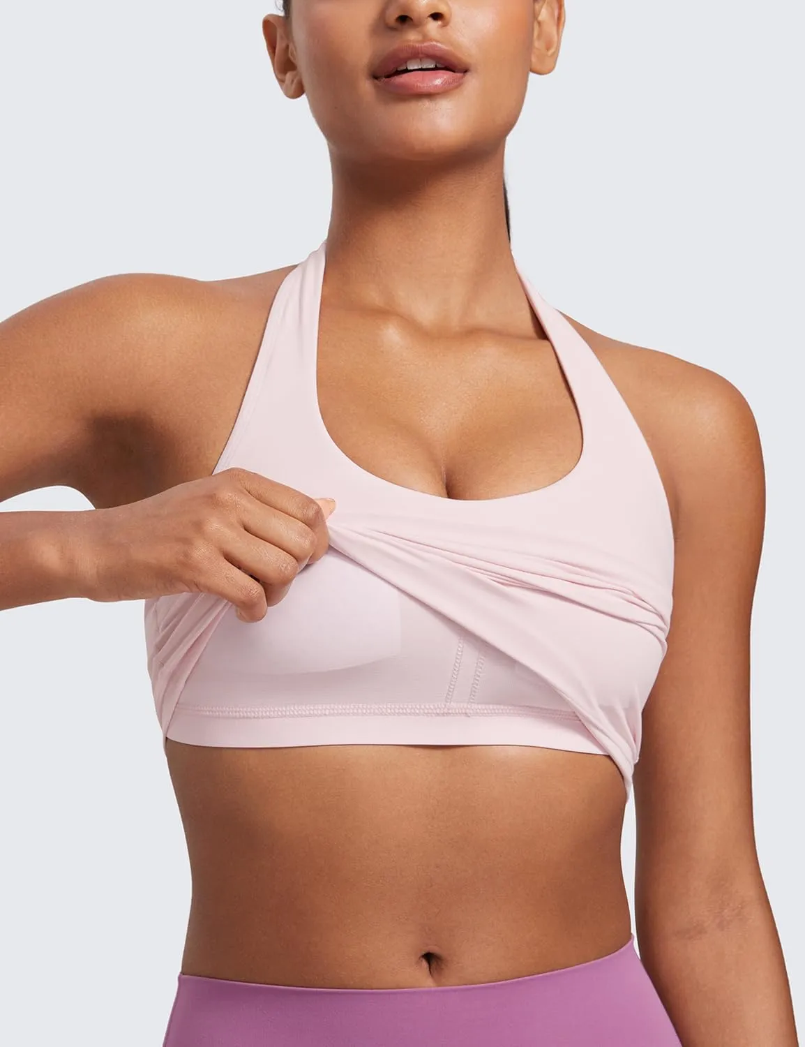CRZ YOGA Womens Butterluxe Halter Longline Sports Bra - Padded Workout Yoga Crop Tops Tanks with Built in Pads