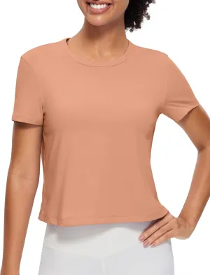 CRZ YOGA Women's Pima Cotton Short Sleeve Crop Tops High Neck Cropped Workout Shirts Yoga Athletic Casual T-Shirt