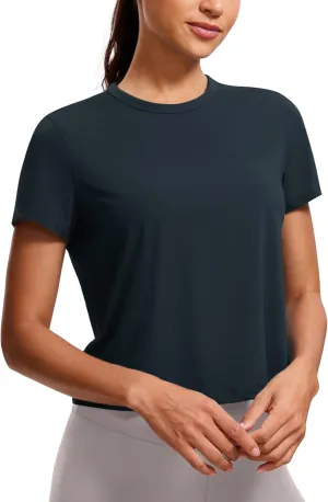CRZ YOGA Women's Pima Cotton Short Sleeve Crop Tops High Neck Cropped Workout Shirts Yoga Athletic Casual T-Shirt