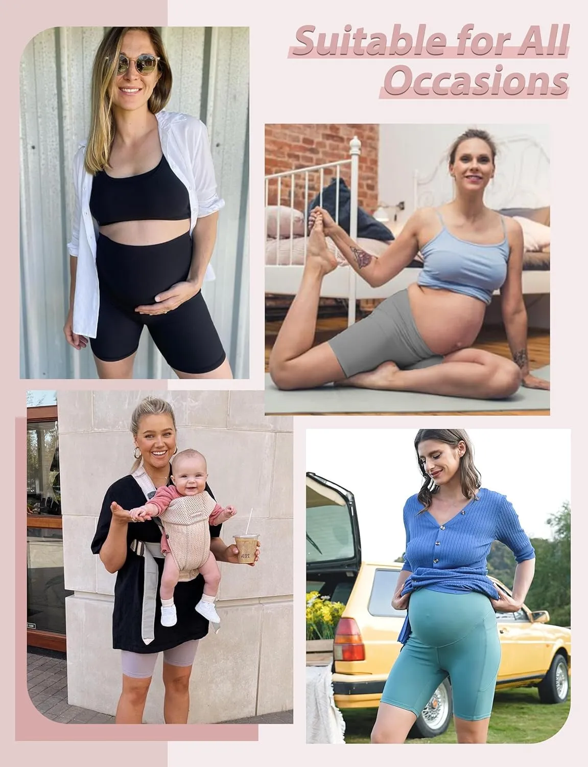 CTHH 4 Pack Maternity Shorts Over Belly with Pockets - 8" Pregnancy Biker Shorts Workout Yoga Pregnant Pants for Women