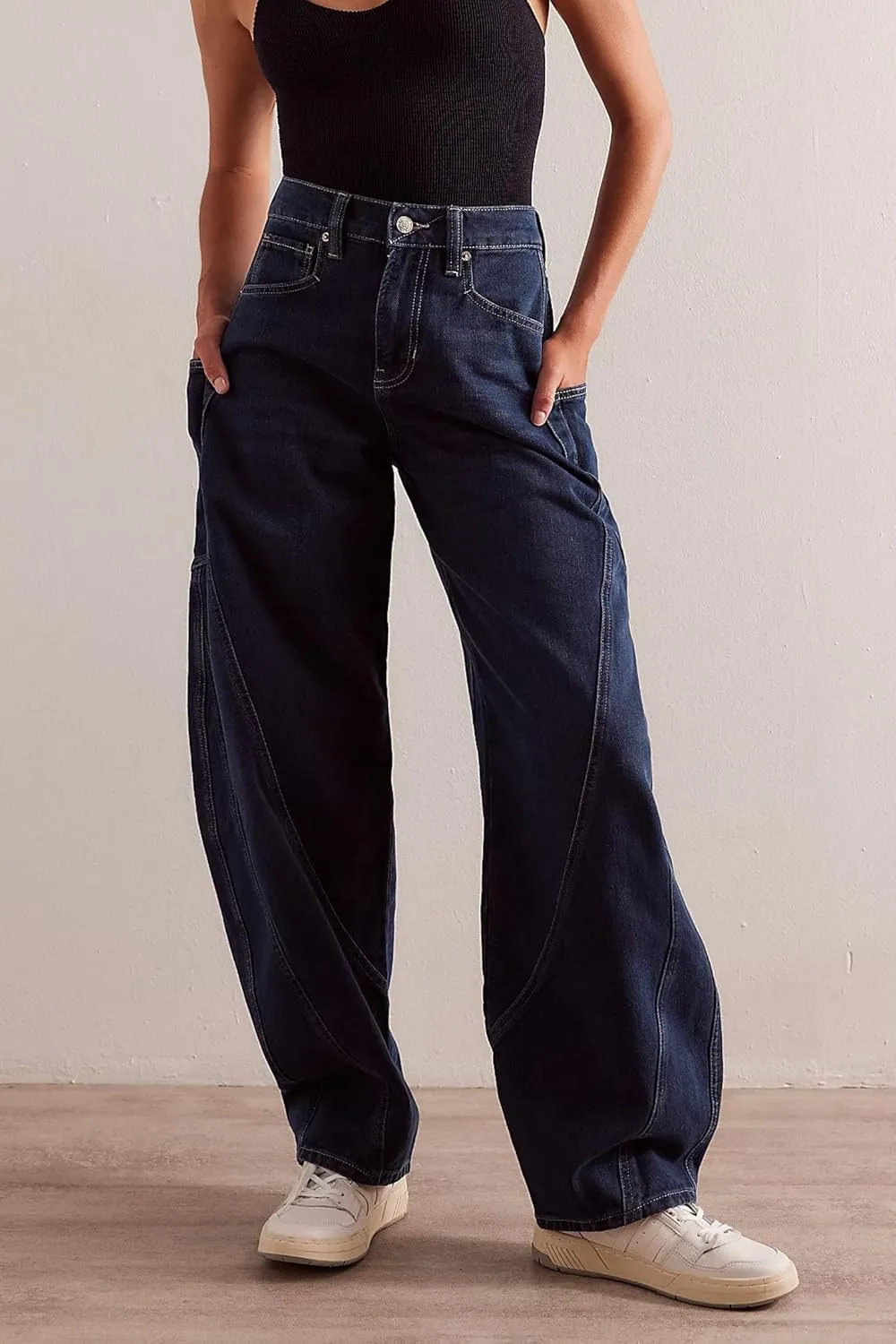 D-Sun Women's Barrel Jeans Wide Leg High Waist Denim Pants Baggy Casual Y2K Trousers Vintage with Large Side Pockets