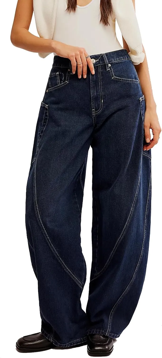 D-Sun Women's Barrel Jeans Wide Leg High Waist Denim Pants Baggy Casual Y2K Trousers Vintage with Large Side Pockets