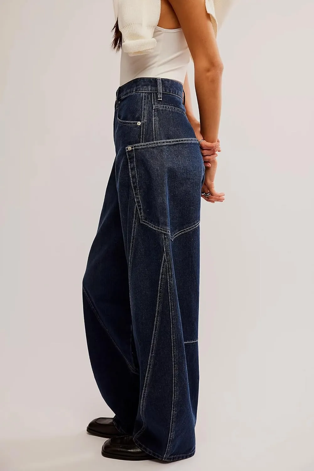 D-Sun Women's Barrel Jeans Wide Leg High Waist Denim Pants Baggy Casual Y2K Trousers Vintage with Large Side Pockets