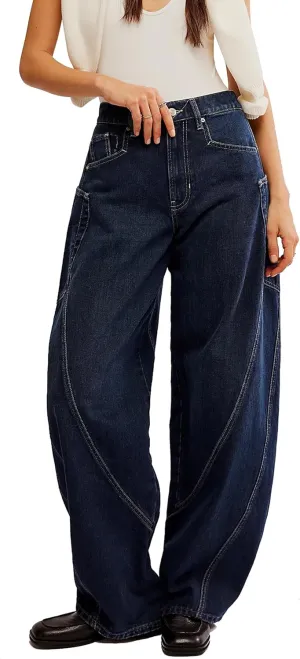 D-Sun Women's Barrel Jeans Wide Leg High Waist Denim Pants Baggy Casual Y2K Trousers Vintage with Large Side Pockets