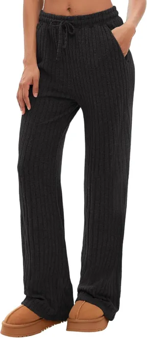Darong Womens Ribbed Kint Wide Leg Lounge Pants Fall Comfy Drawstring Loose Trousers with Pockets
