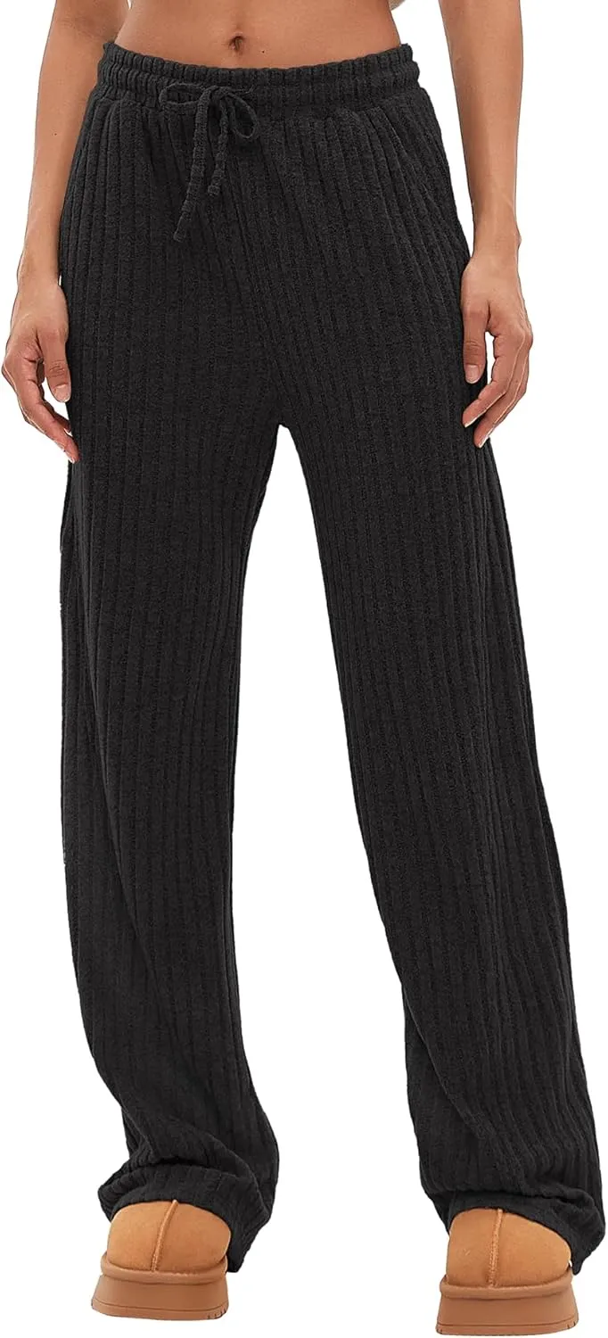 Darong Womens Ribbed Kint Wide Leg Lounge Pants Fall Comfy Drawstring Loose Trousers with Pockets