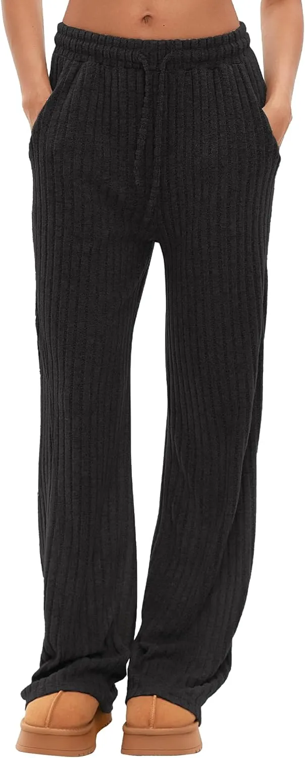 Darong Womens Ribbed Kint Wide Leg Lounge Pants Fall Comfy Drawstring Loose Trousers with Pockets