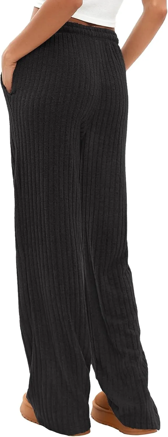 Darong Womens Ribbed Kint Wide Leg Lounge Pants Fall Comfy Drawstring Loose Trousers with Pockets