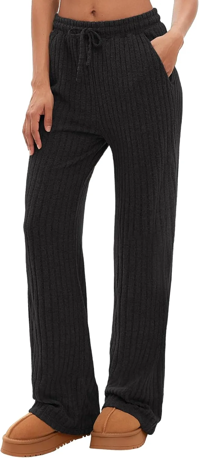 Darong Womens Ribbed Kint Wide Leg Lounge Pants Fall Comfy Drawstring Loose Trousers with Pockets