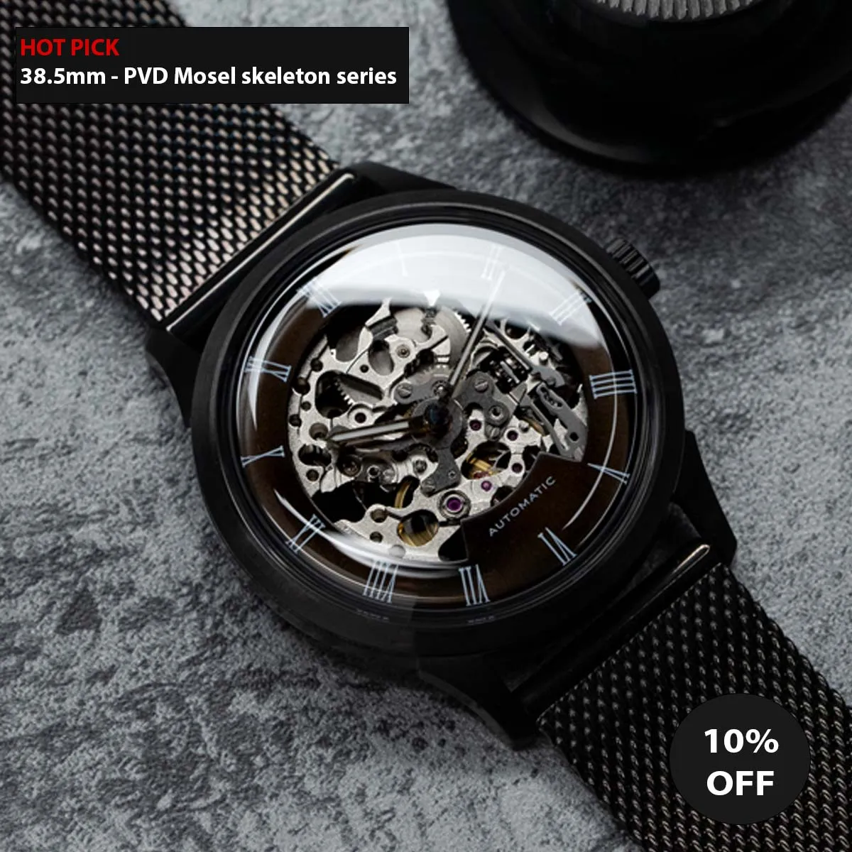 DIY Watchmaking Kit | Black 38.5mm Mosel - Brunette Skeleton vintage dress watch w/ Miyota 8N24