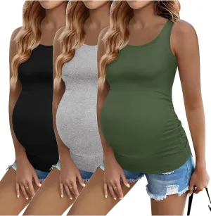 Ekouaer 3 Pack Women Maternity Tank Tops Ruch Side Basic Shirts Summer Postpartum Tops Sleeveless Pregnancy Workout Clothes