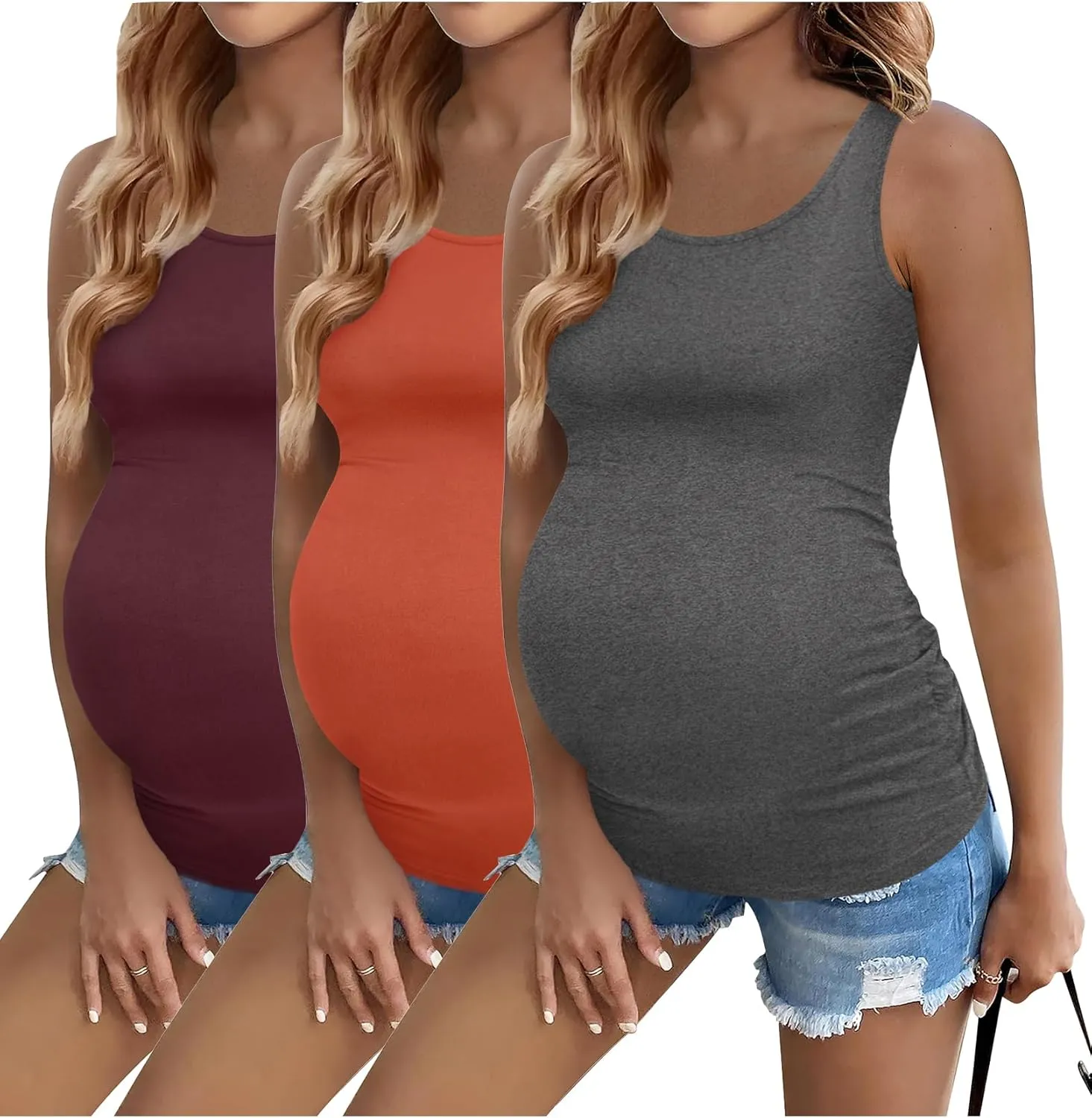Ekouaer 3 Pack Women Maternity Tank Tops Ruch Side Basic Shirts Summer Postpartum Tops Sleeveless Pregnancy Workout Clothes