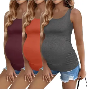 Ekouaer 3 Pack Women Maternity Tank Tops Ruch Side Basic Shirts Summer Postpartum Tops Sleeveless Pregnancy Workout Clothes
