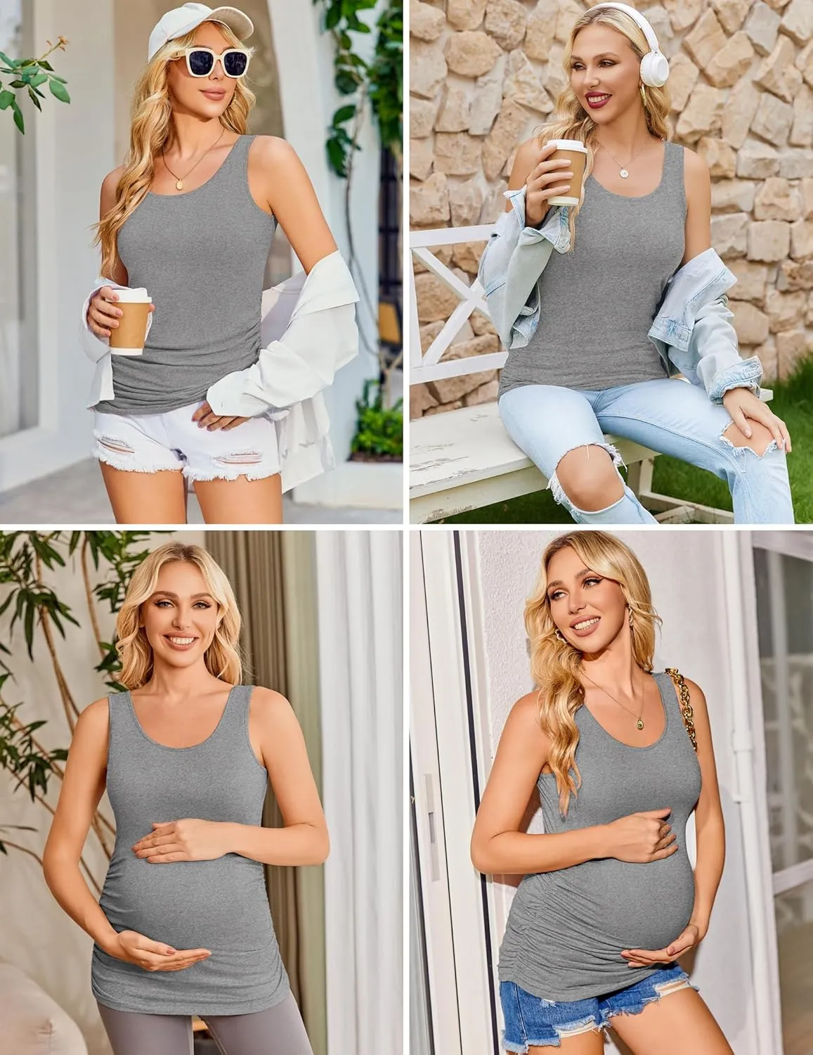 Ekouaer 3 Pack Women Maternity Tank Tops Ruch Side Basic Shirts Summer Postpartum Tops Sleeveless Pregnancy Workout Clothes