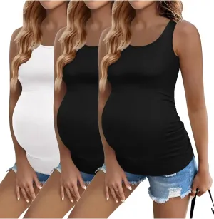 Ekouaer 3 Pack Women Maternity Tank Tops Ruch Side Basic Shirts Summer Postpartum Tops Sleeveless Pregnancy Workout Clothes