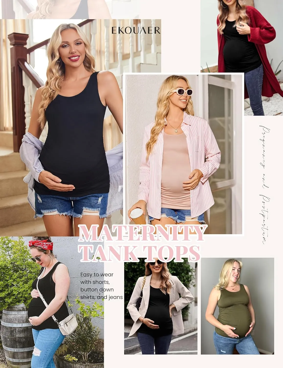 Ekouaer 3 Pack Women Maternity Tank Tops Ruch Side Basic Shirts Summer Postpartum Tops Sleeveless Pregnancy Workout Clothes