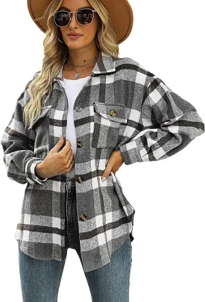 ELIY BASIC Women's 2023 Casual Plaid Shacket Long Sleeve Button Down Lapel Pocketed Jacket Shacket Coat