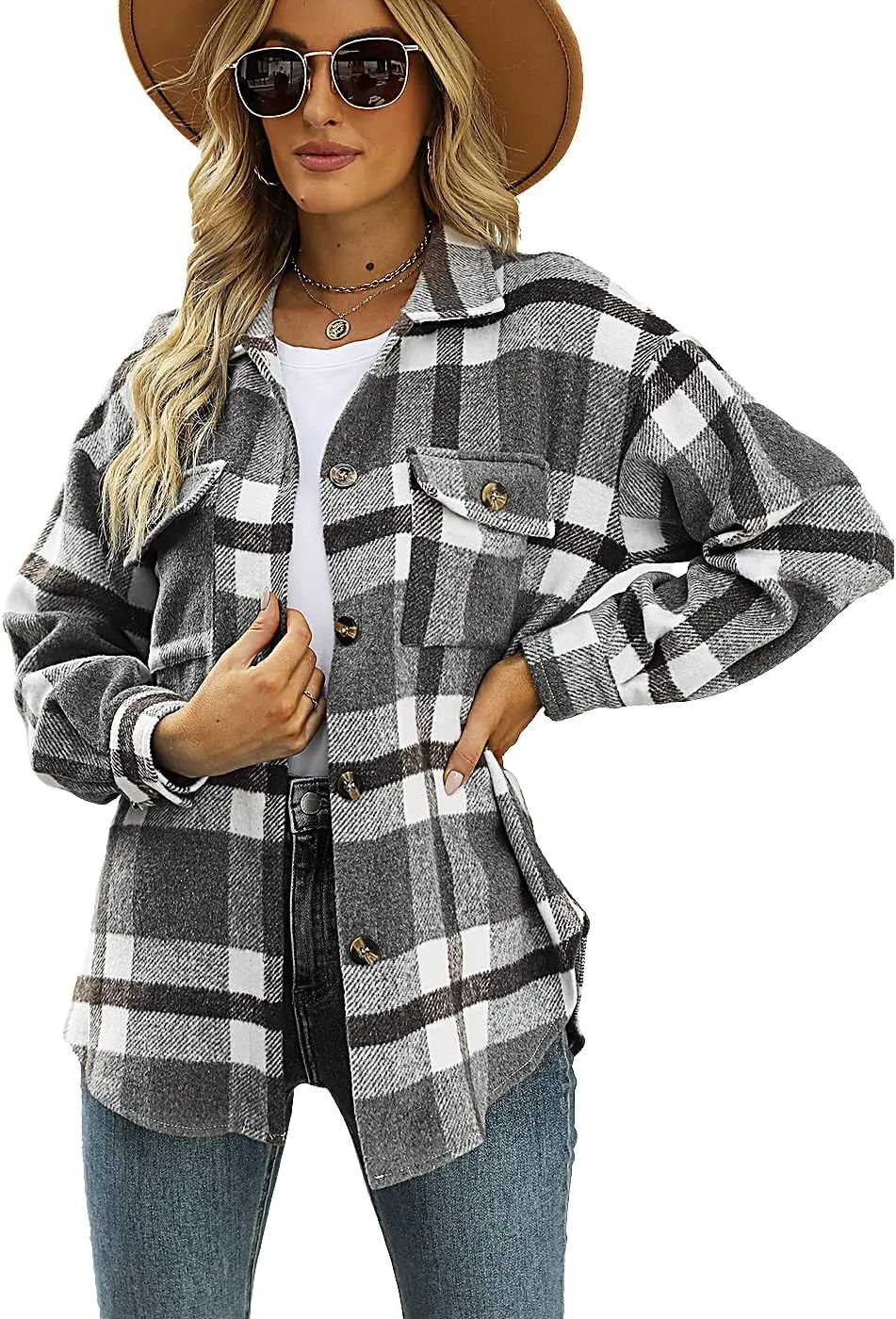 ELIY BASIC Women's 2023 Casual Plaid Shacket Long Sleeve Button Down Lapel Pocketed Jacket Shacket Coat