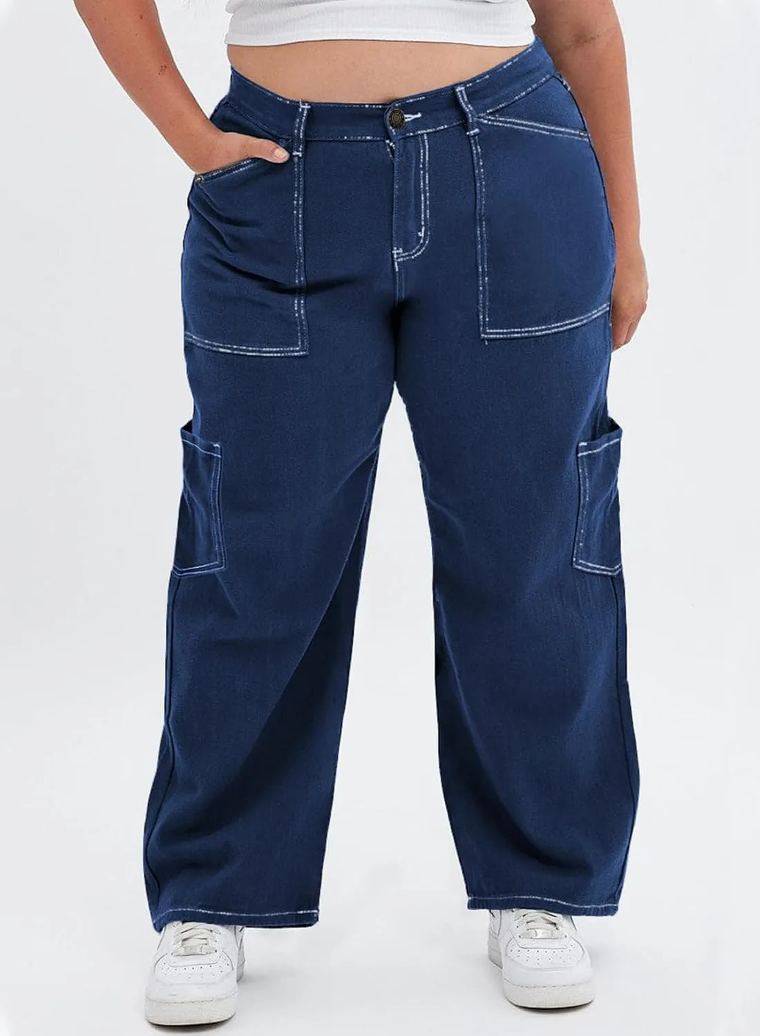 Eytino Womens Plus Size Cargo Pants High Waisted Stretch Wide Leg Baggy Pants Casual Trousers with Pockets(1X-5X)