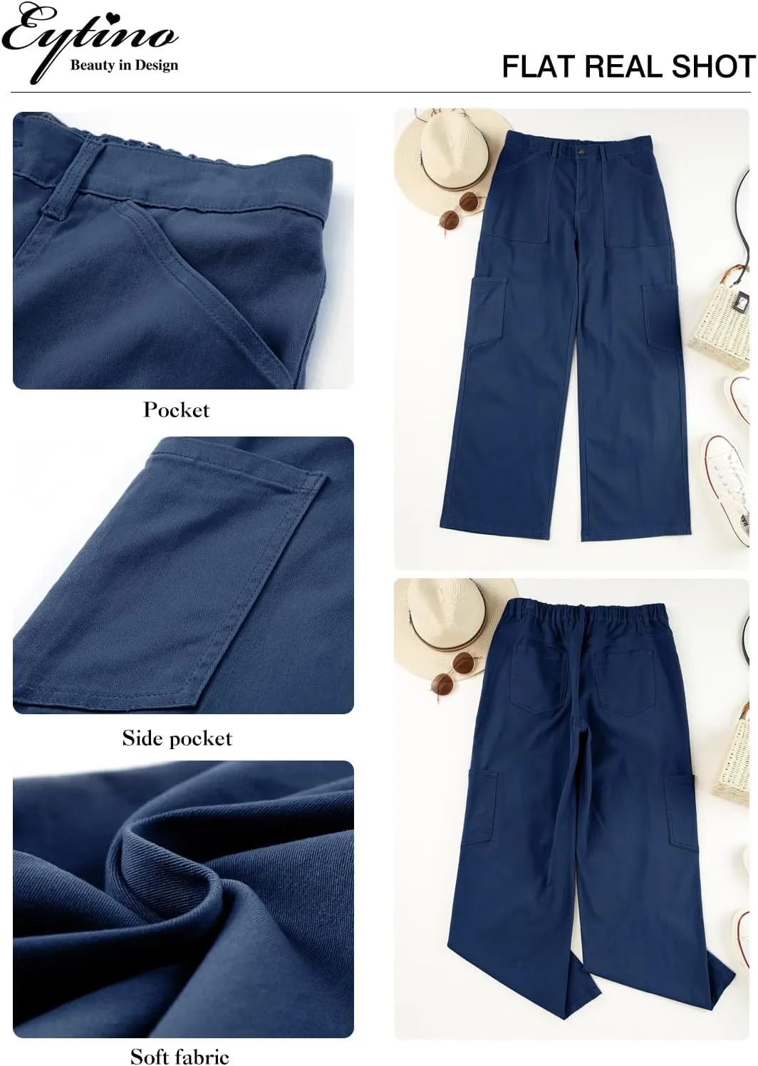 Eytino Womens Plus Size Cargo Pants High Waisted Stretch Wide Leg Baggy Pants Casual Trousers with Pockets(1X-5X)