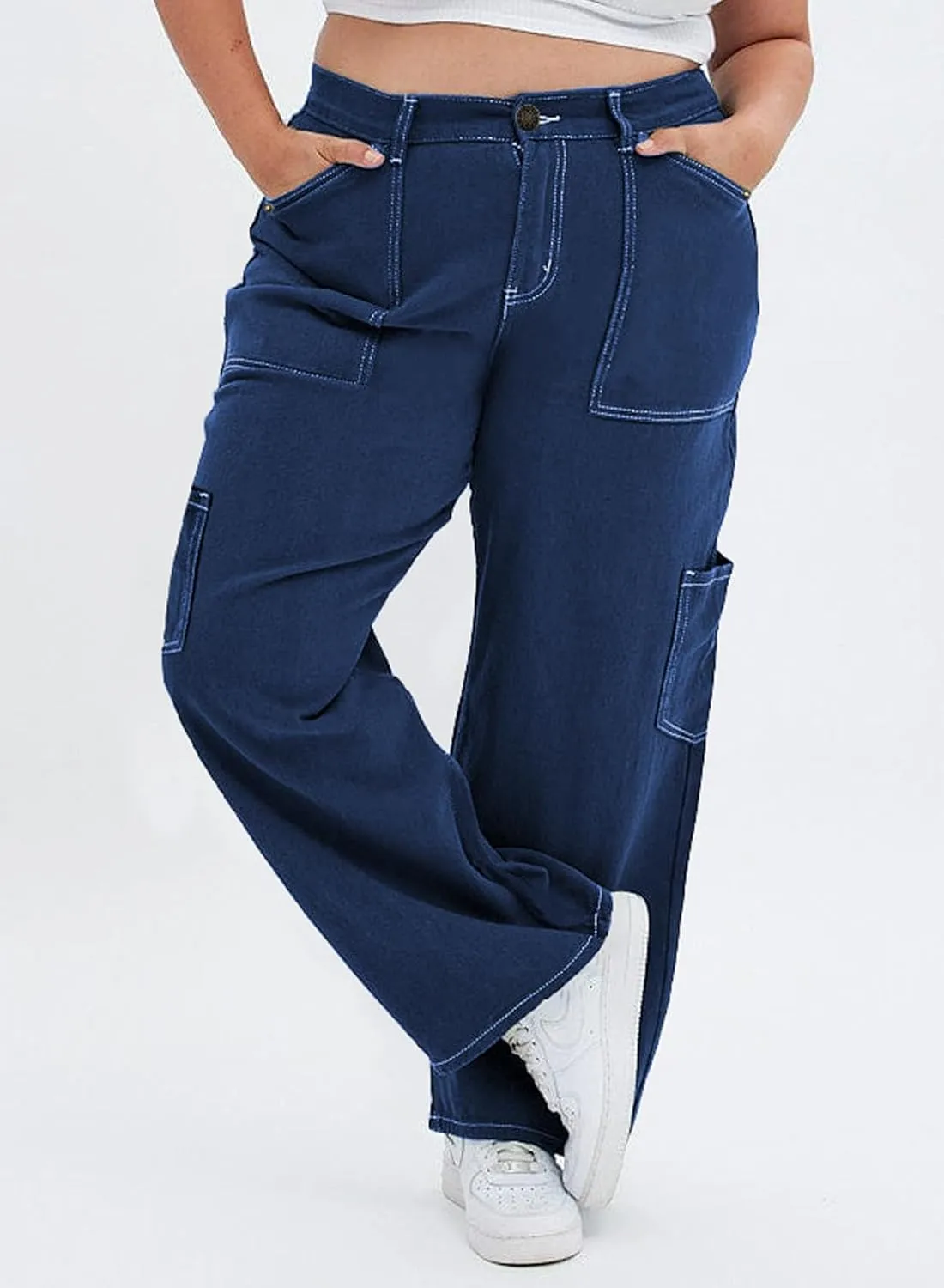 Eytino Womens Plus Size Cargo Pants High Waisted Stretch Wide Leg Baggy Pants Casual Trousers with Pockets(1X-5X)