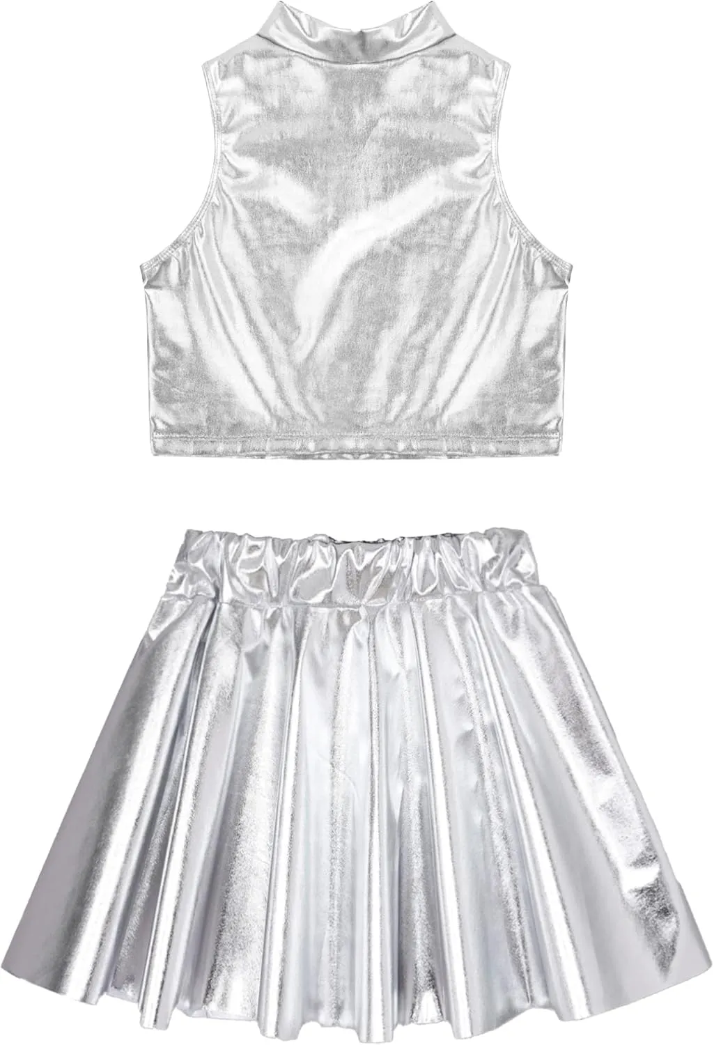 FEESHOW Girls Shiny Metallic Crop Tank Top with Pleated Skort Skirt Ballet Dance Jazz Hip Hop Performance Costumes