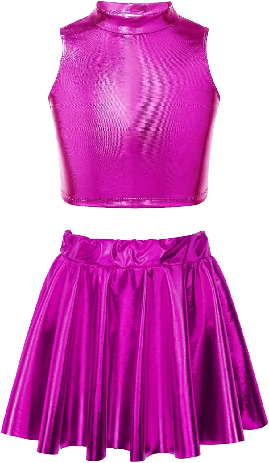 FEESHOW Girls Shiny Metallic Crop Tank Top with Pleated Skort Skirt Ballet Dance Jazz Hip Hop Performance Costumes