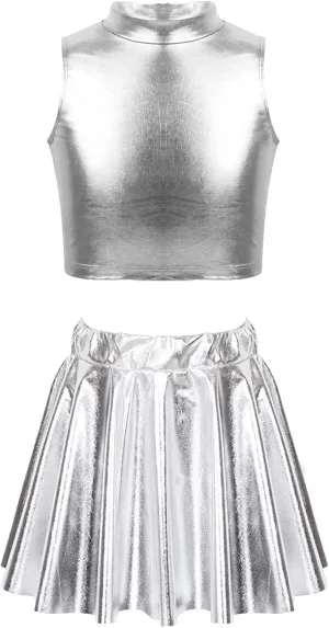 FEESHOW Girls Shiny Metallic Crop Tank Top with Pleated Skort Skirt Ballet Dance Jazz Hip Hop Performance Costumes