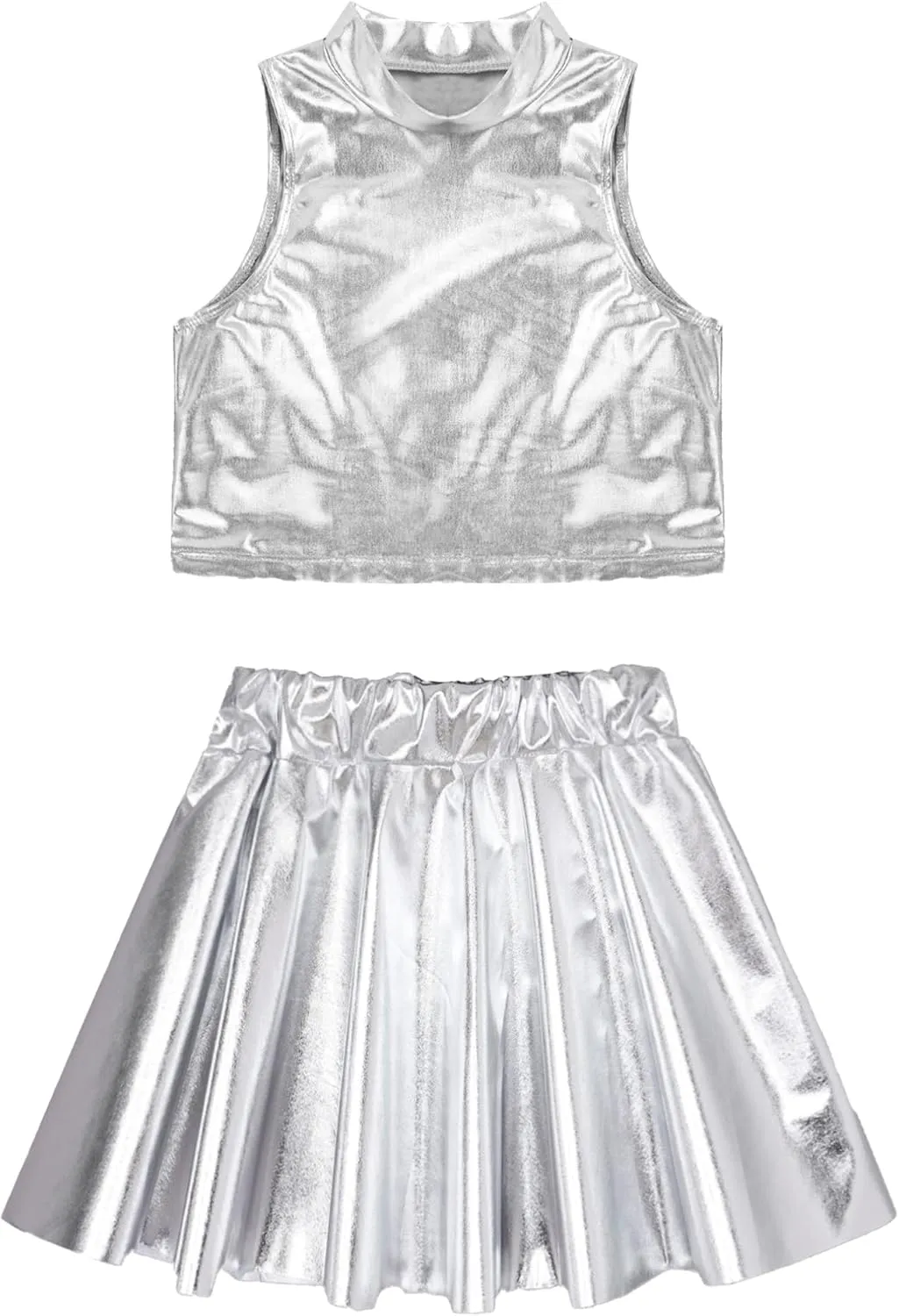 FEESHOW Girls Shiny Metallic Crop Tank Top with Pleated Skort Skirt Ballet Dance Jazz Hip Hop Performance Costumes