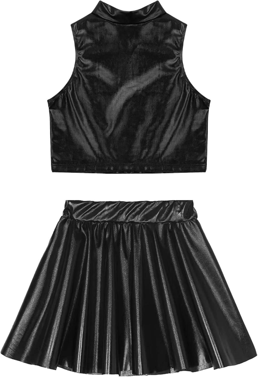FEESHOW Girls Shiny Metallic Crop Tank Top with Pleated Skort Skirt Ballet Dance Jazz Hip Hop Performance Costumes
