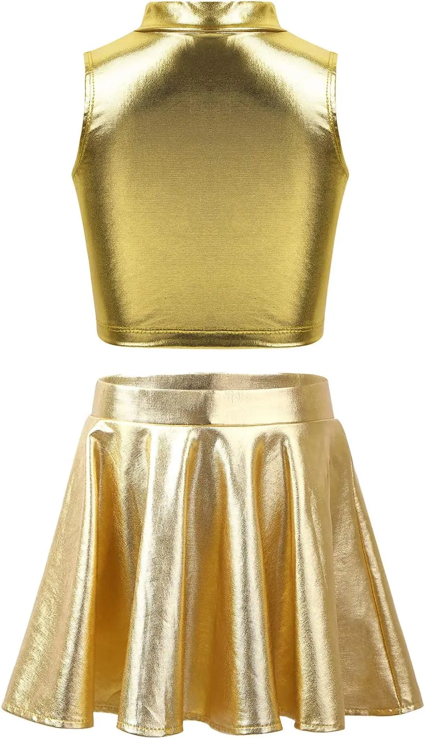 FEESHOW Girls Shiny Metallic Crop Tank Top with Pleated Skort Skirt Ballet Dance Jazz Hip Hop Performance Costumes