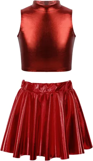 FEESHOW Girls Shiny Metallic Crop Tank Top with Pleated Skort Skirt Ballet Dance Jazz Hip Hop Performance Costumes