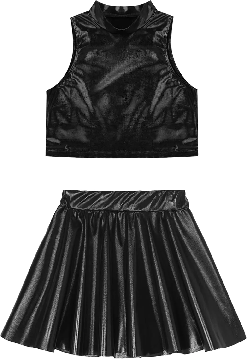 FEESHOW Girls Shiny Metallic Crop Tank Top with Pleated Skort Skirt Ballet Dance Jazz Hip Hop Performance Costumes