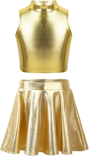 FEESHOW Girls Shiny Metallic Crop Tank Top with Pleated Skort Skirt Ballet Dance Jazz Hip Hop Performance Costumes