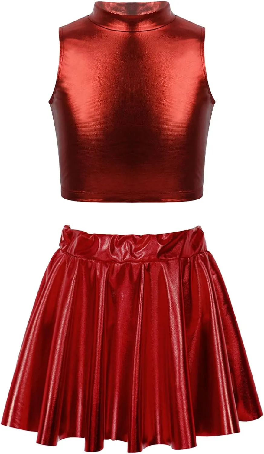 FEESHOW Girls Shiny Metallic Crop Tank Top with Pleated Skort Skirt Ballet Dance Jazz Hip Hop Performance Costumes