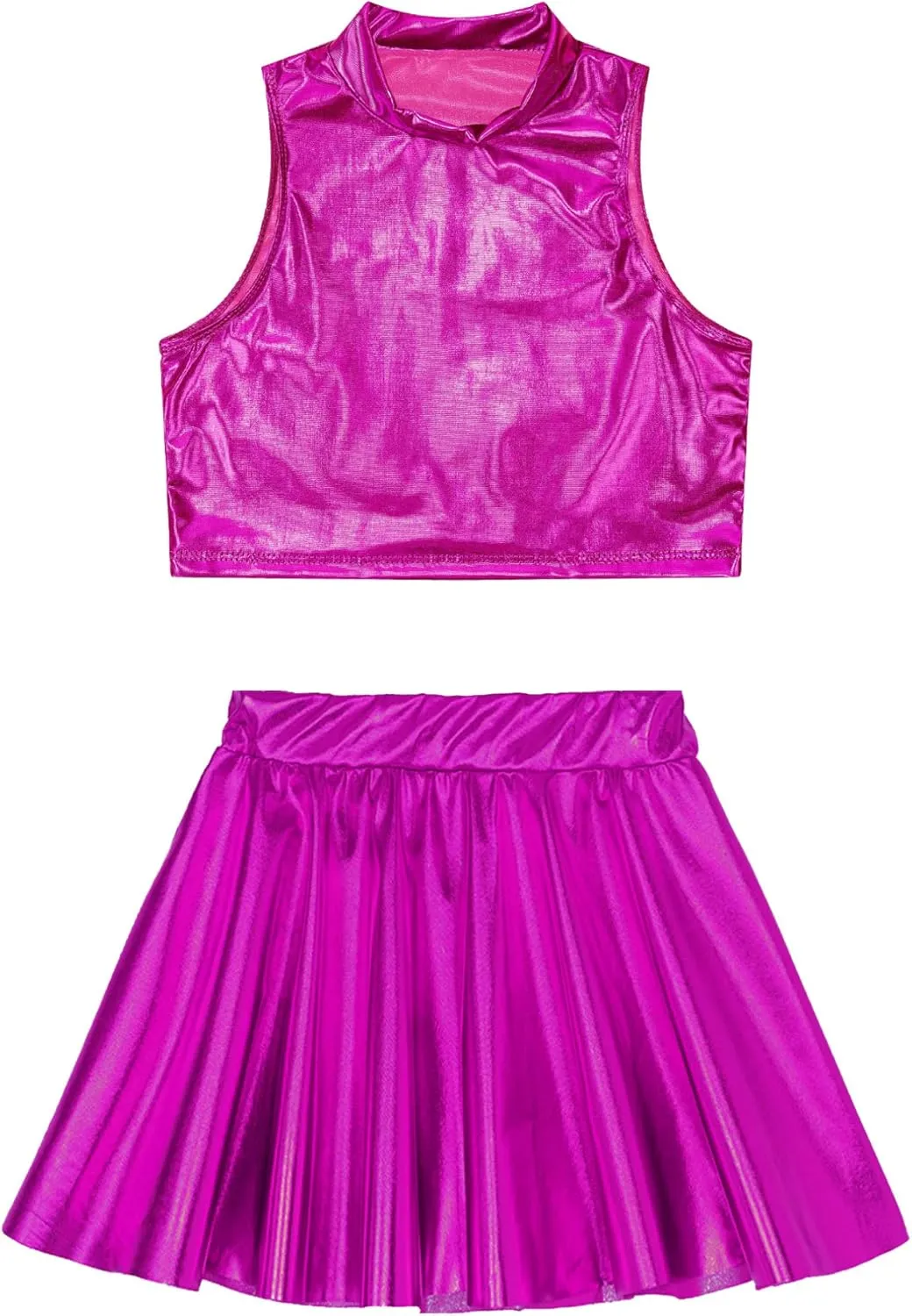 FEESHOW Girls Shiny Metallic Crop Tank Top with Pleated Skort Skirt Ballet Dance Jazz Hip Hop Performance Costumes
