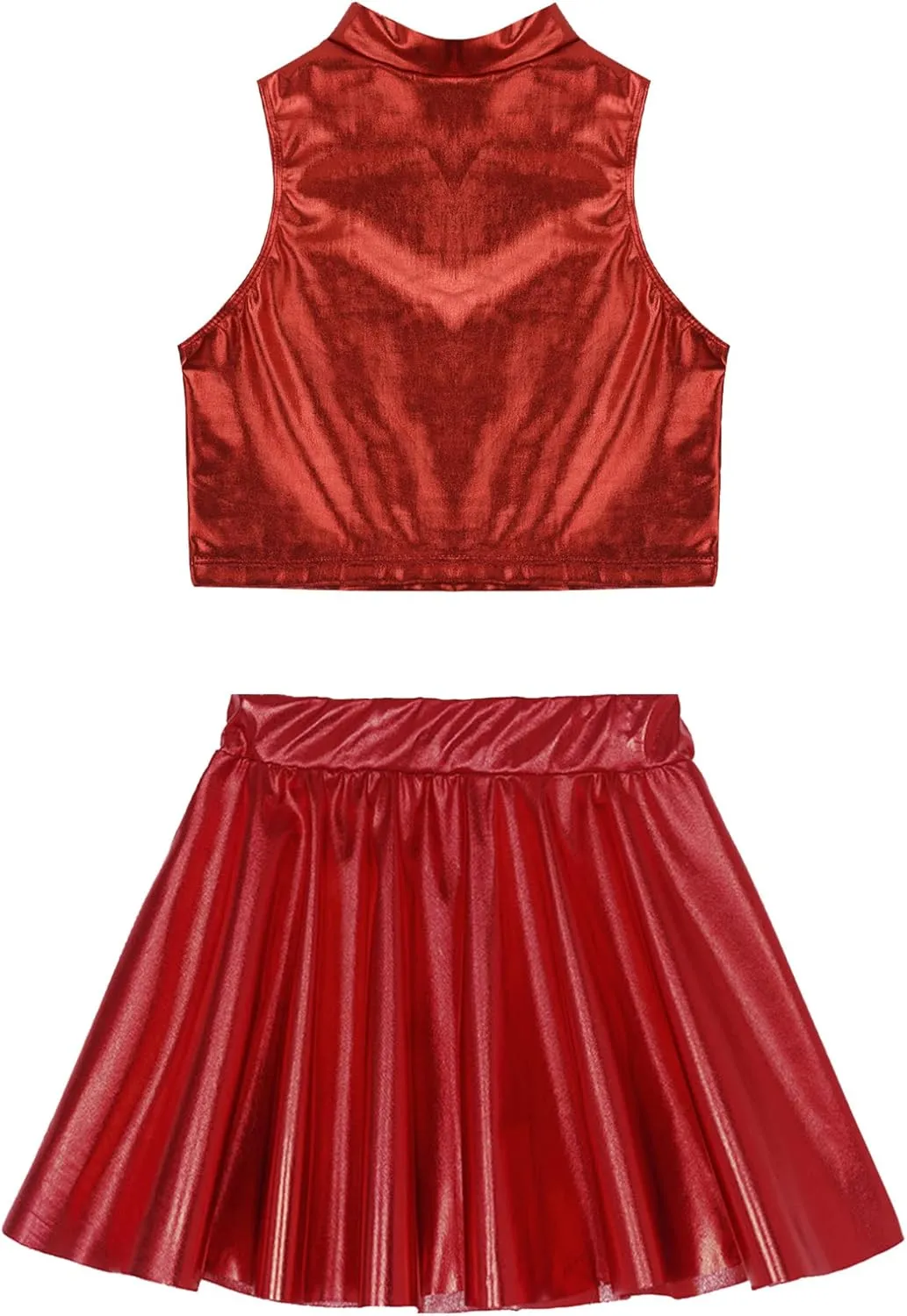 FEESHOW Girls Shiny Metallic Crop Tank Top with Pleated Skort Skirt Ballet Dance Jazz Hip Hop Performance Costumes