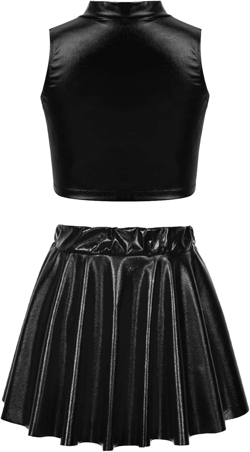 FEESHOW Girls Shiny Metallic Crop Tank Top with Pleated Skort Skirt Ballet Dance Jazz Hip Hop Performance Costumes