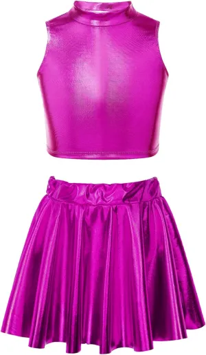 FEESHOW Girls Shiny Metallic Crop Tank Top with Pleated Skort Skirt Ballet Dance Jazz Hip Hop Performance Costumes