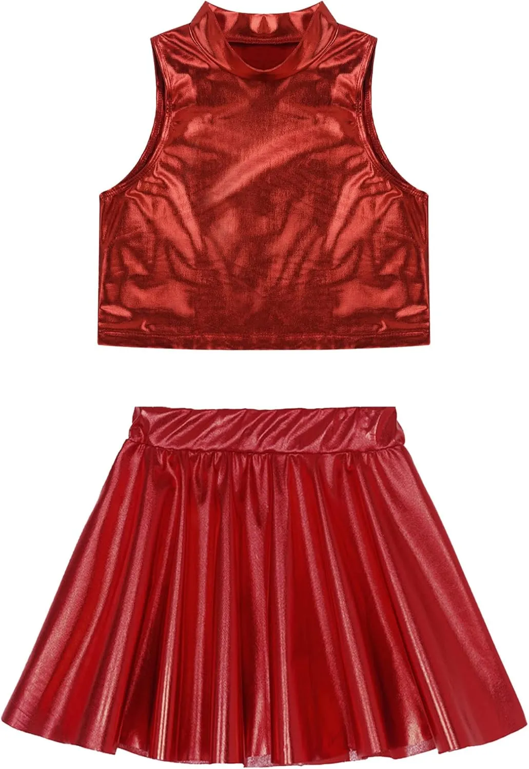 FEESHOW Girls Shiny Metallic Crop Tank Top with Pleated Skort Skirt Ballet Dance Jazz Hip Hop Performance Costumes