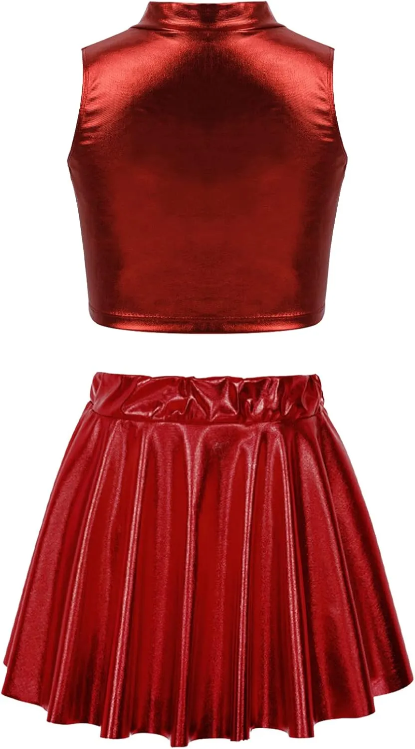 FEESHOW Girls Shiny Metallic Crop Tank Top with Pleated Skort Skirt Ballet Dance Jazz Hip Hop Performance Costumes