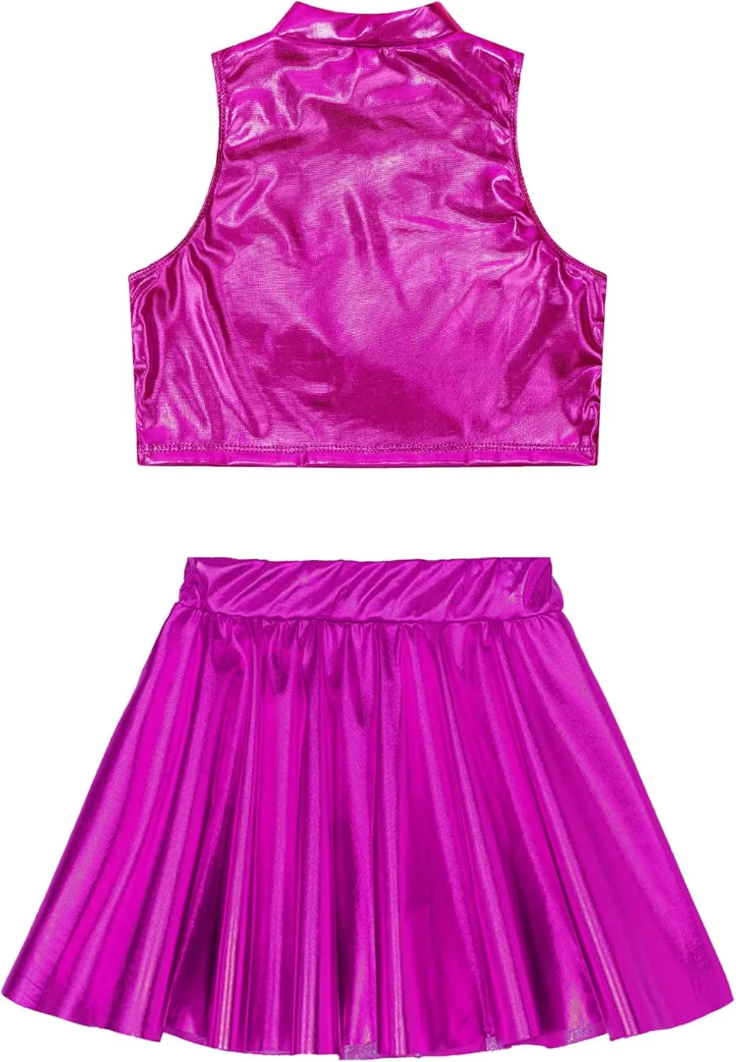 FEESHOW Girls Shiny Metallic Crop Tank Top with Pleated Skort Skirt Ballet Dance Jazz Hip Hop Performance Costumes