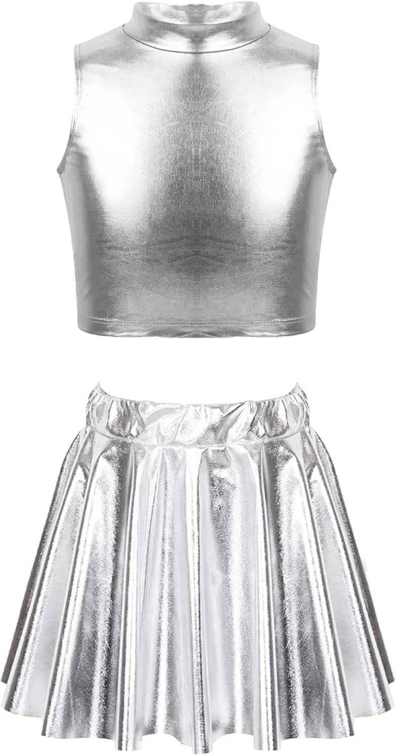 FEESHOW Girls Shiny Metallic Crop Tank Top with Pleated Skort Skirt Ballet Dance Jazz Hip Hop Performance Costumes