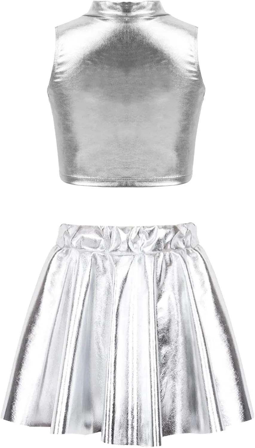 FEESHOW Girls Shiny Metallic Crop Tank Top with Pleated Skort Skirt Ballet Dance Jazz Hip Hop Performance Costumes