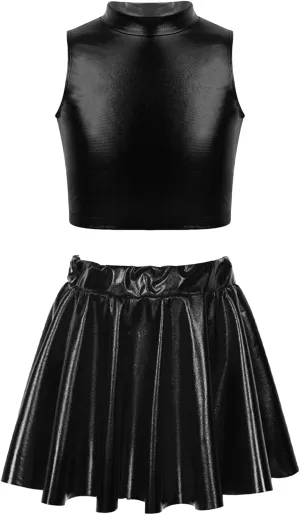 FEESHOW Girls Shiny Metallic Crop Tank Top with Pleated Skort Skirt Ballet Dance Jazz Hip Hop Performance Costumes