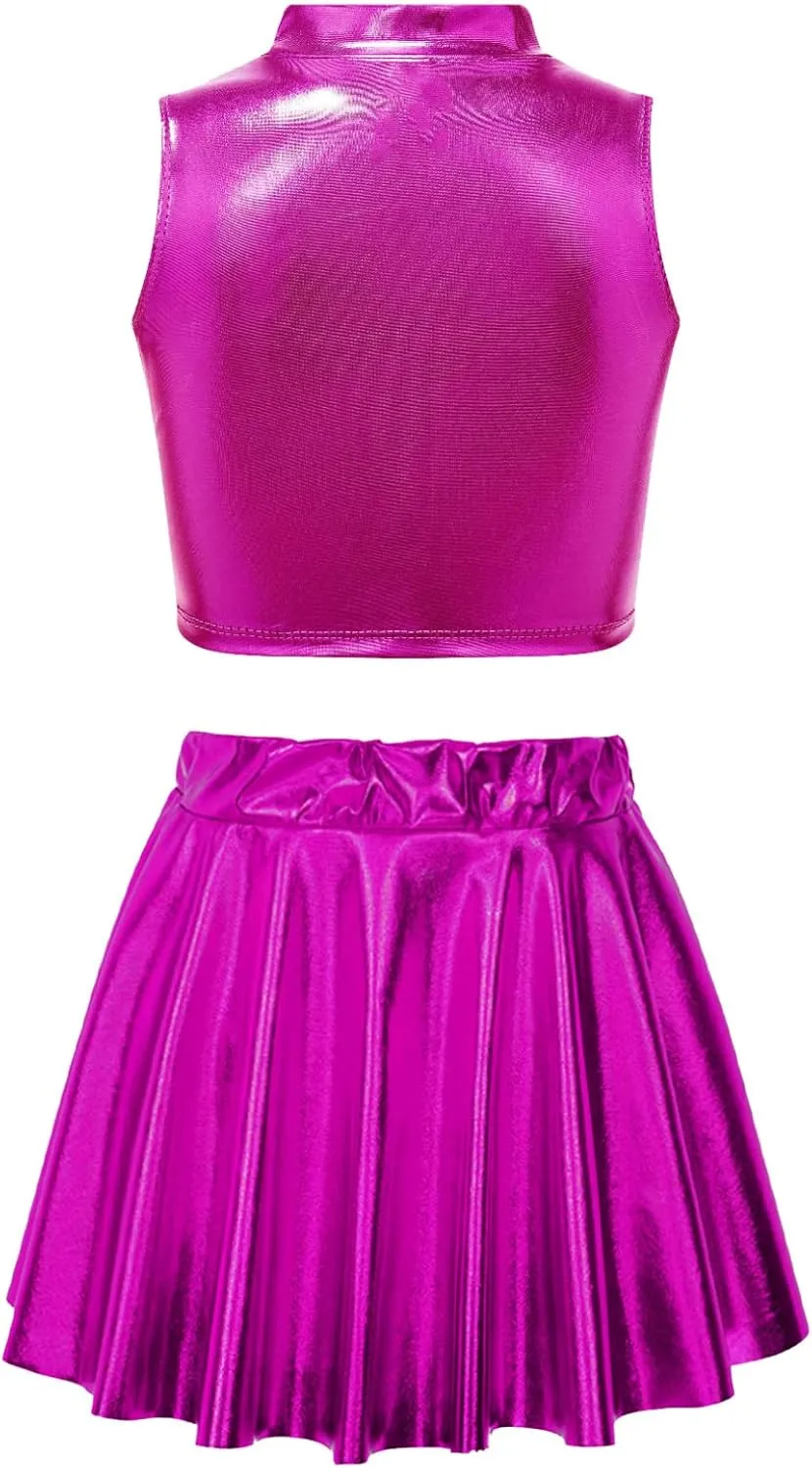 FEESHOW Girls Shiny Metallic Crop Tank Top with Pleated Skort Skirt Ballet Dance Jazz Hip Hop Performance Costumes