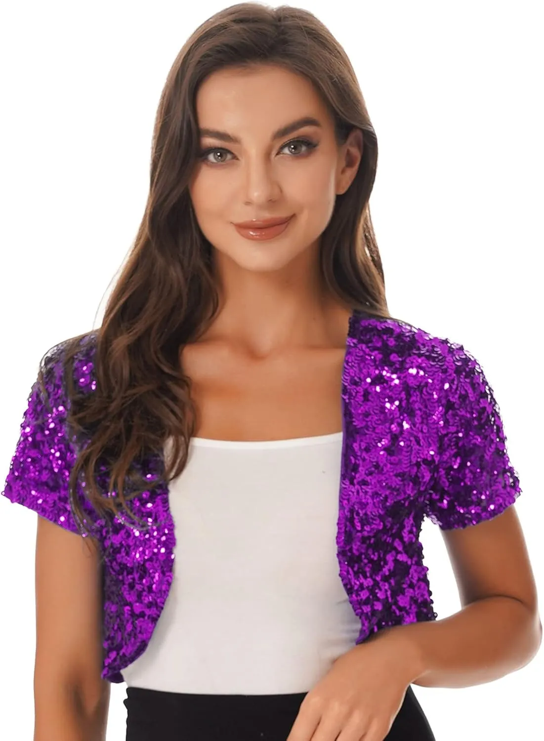 FEESHOW Women's Shiny Sequin Jacket Short Sleeve Open Front Cardigan Jacket Bolero Shrug Coat Tops