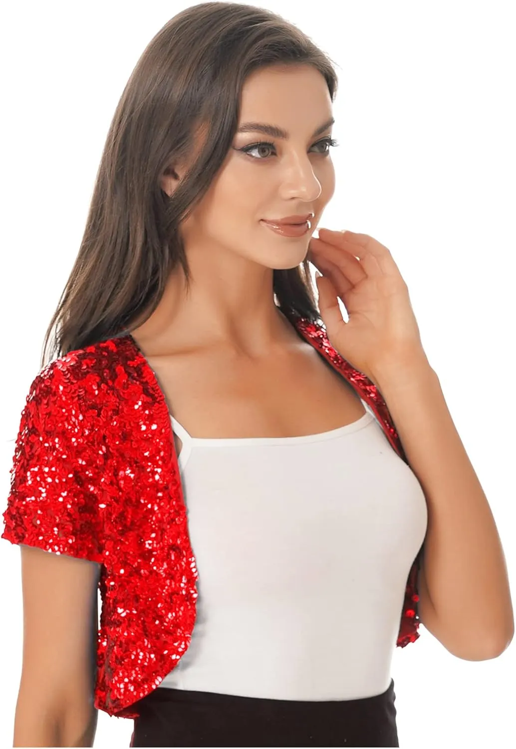 FEESHOW Women's Shiny Sequin Jacket Short Sleeve Open Front Cardigan Jacket Bolero Shrug Coat Tops